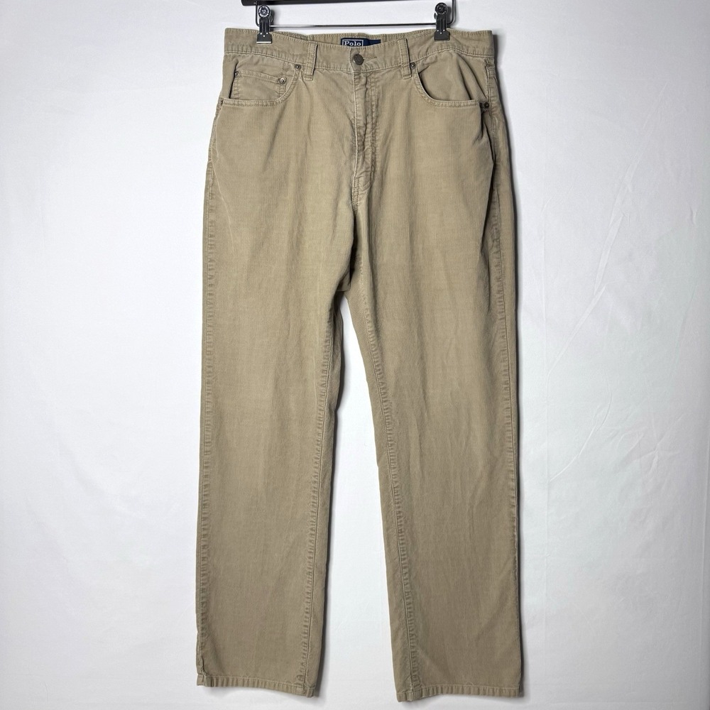 Vtg Polo Ralph Lauren Corduroy Pants‎ Men 34x32 Brown Tan Leather Patch 90s READ